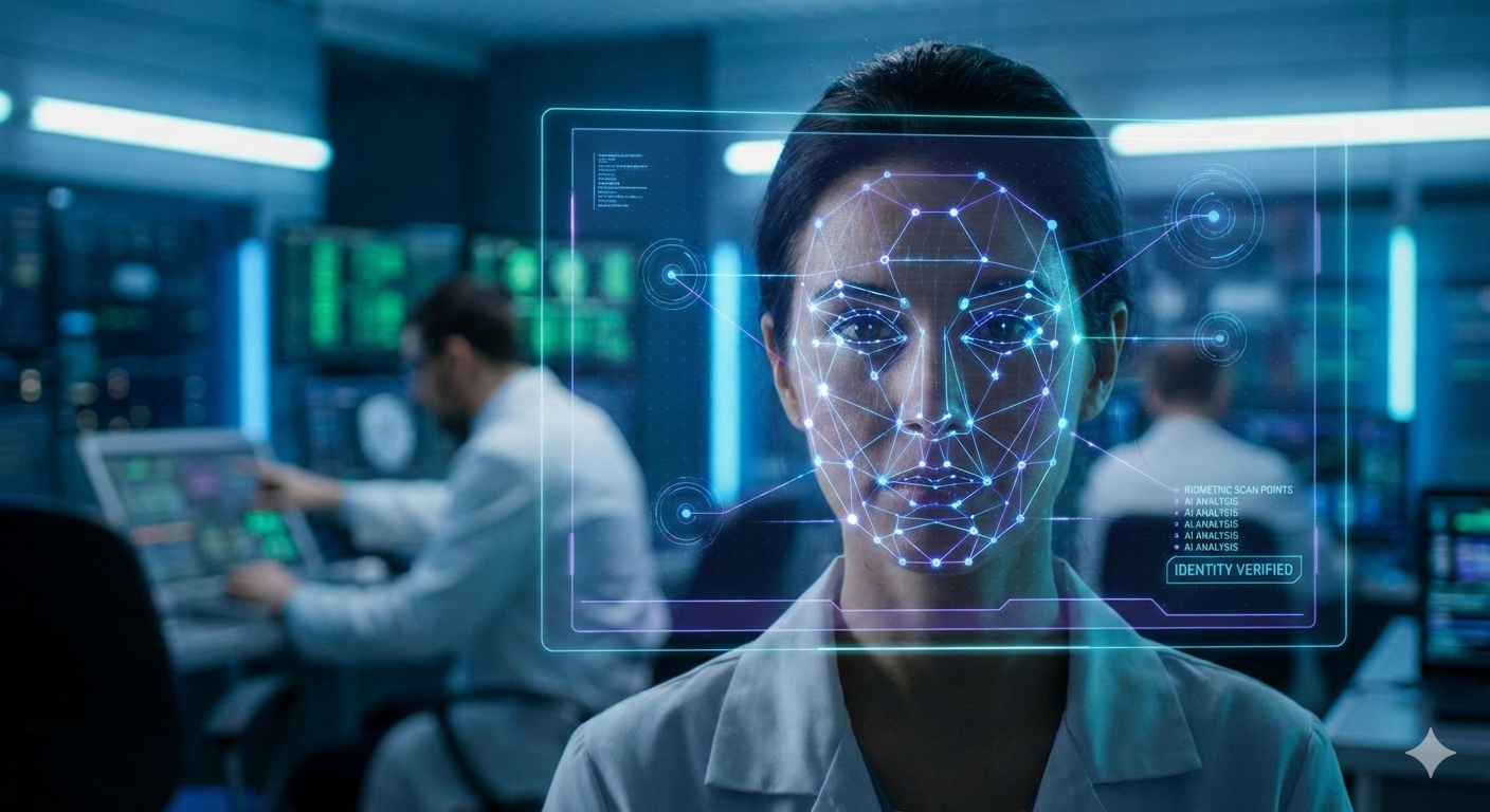 Advanced facial recognition and AI visualization showing biometric scan points